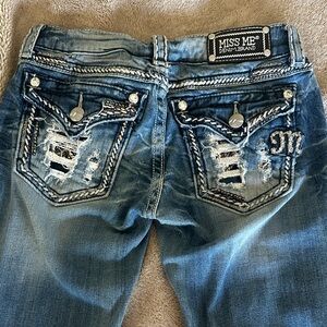 Miss Me Blue Distressed Bootcut Jeans with Embroidered Flap Pockets